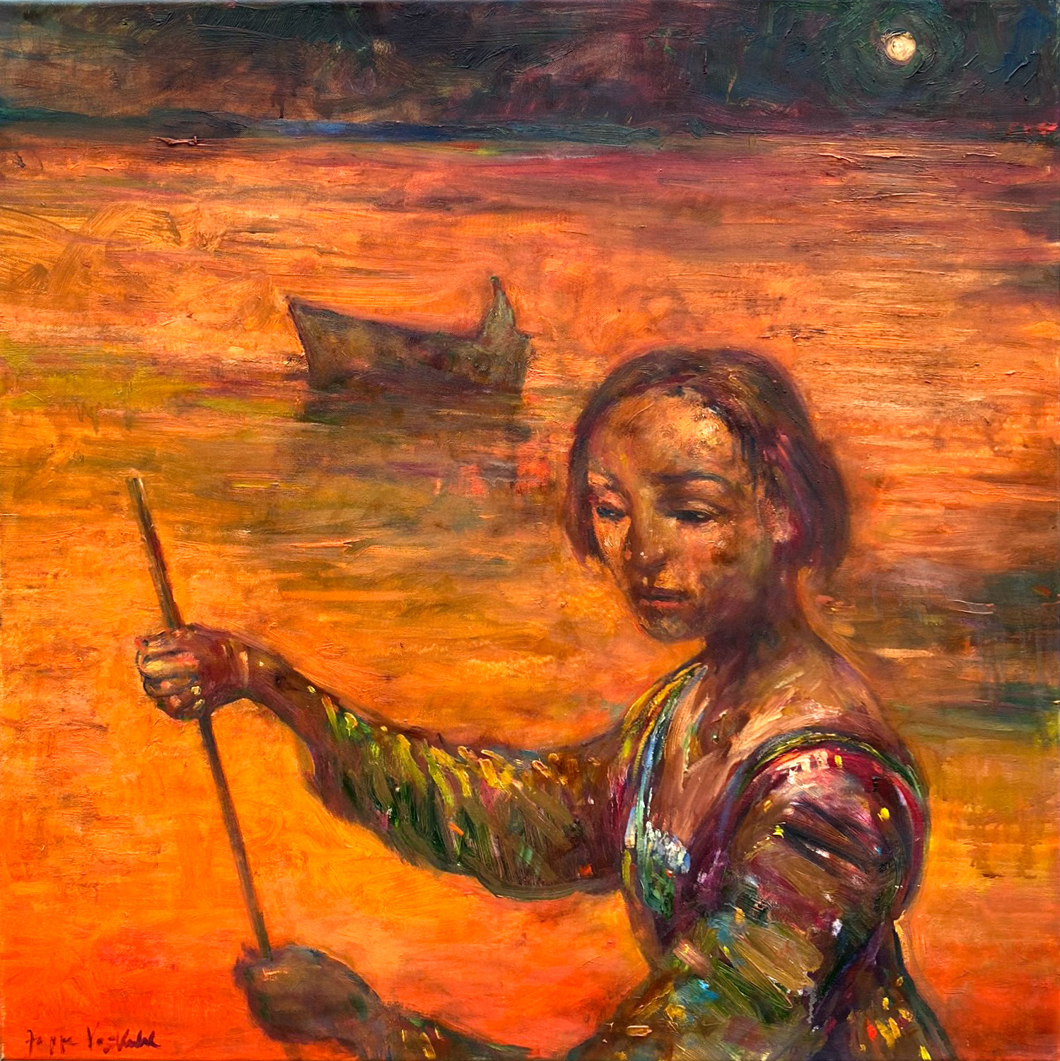 Abendrot ( Ruderin auf orangenem See) erstellt 2014